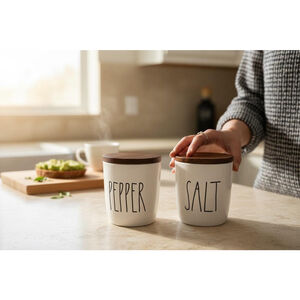 Rae Dunn Salt & Pepper Container Canister with Wood Lid Farmhouse